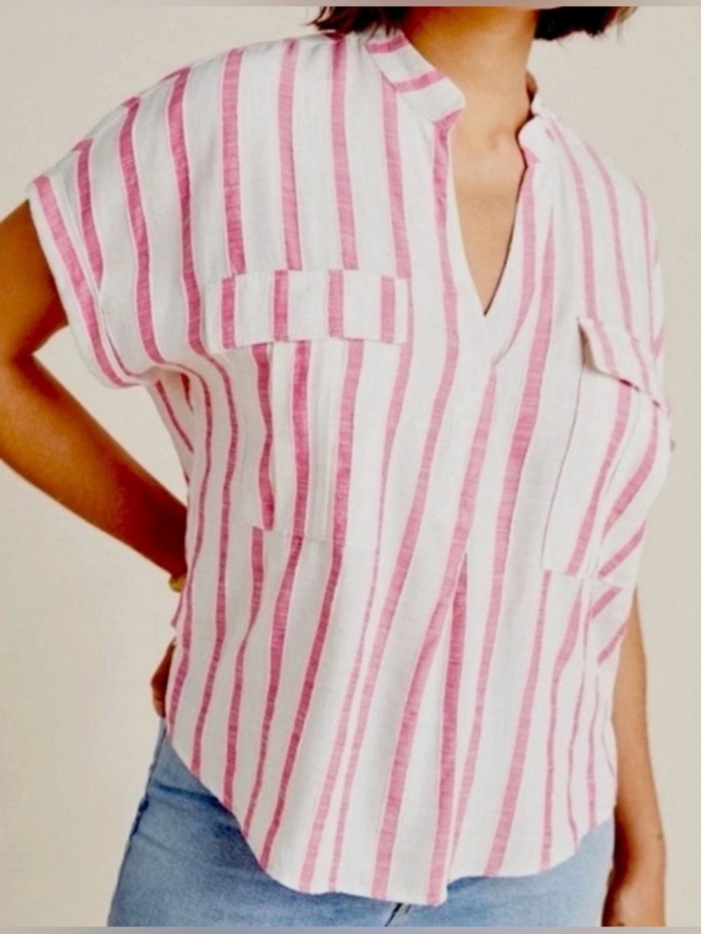 Maeve Pink and White Striped V-Neck Short Sleeve Blouse